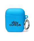 blue protective AirPods case, front with original black Stay Curious magnifying-glass lettering – ZIPZAPPA