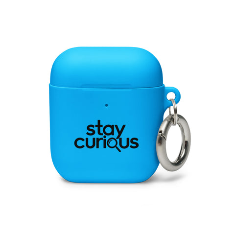 blue protective AirPods case, front with original black Stay Curious magnifying-glass lettering – ZIPZAPPA