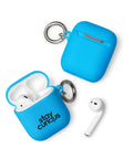 blue protective AirPods case, front with original black Stay Curious magnifying-glass lettering – ZIPZAPPA