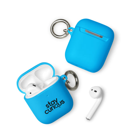 blue protective AirPods case, front with original black Stay Curious magnifying-glass lettering – ZIPZAPPA