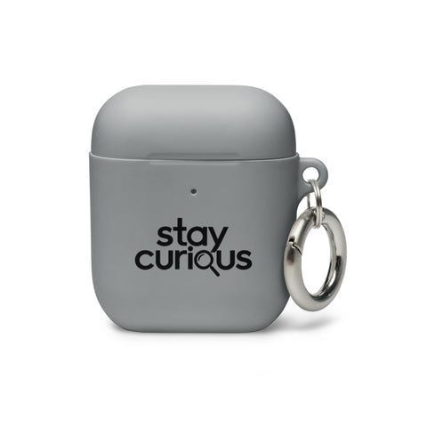 grey protective AirPods case, front with original black Stay Curious magnifying-glass lettering – ZIPZAPPA