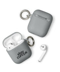 grey protective AirPods case, front with original black Stay Curious magnifying-glass lettering – ZIPZAPPA