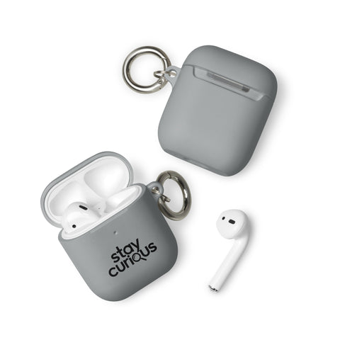 grey protective AirPods case, front with original black Stay Curious magnifying-glass lettering – ZIPZAPPA