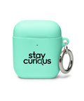 mint protective AirPods case, front with original black Stay Curious magnifying-glass lettering – ZIPZAPPA