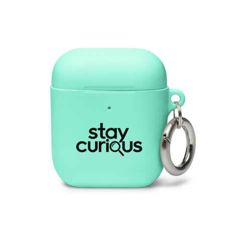 mint protective AirPods case, front with original black Stay Curious magnifying-glass lettering – ZIPZAPPA