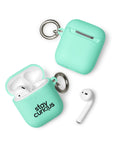mint protective AirPods case, front with original black Stay Curious magnifying-glass lettering – ZIPZAPPA
