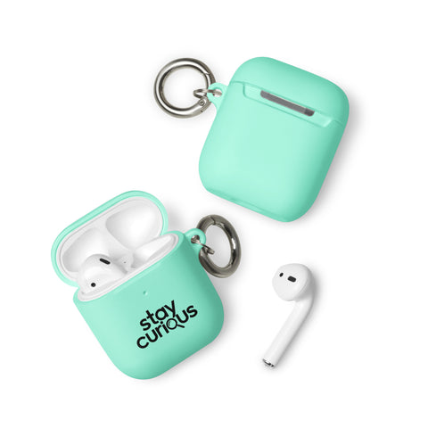 mint protective AirPods case, front with original black Stay Curious magnifying-glass lettering – ZIPZAPPA