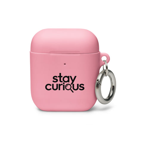 pink protective AirPods case, front with original black Stay Curious magnifying-glass lettering – ZIPZAPPA
