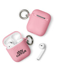 pink protective AirPods case, front with original black Stay Curious magnifying-glass lettering – ZIPZAPPA