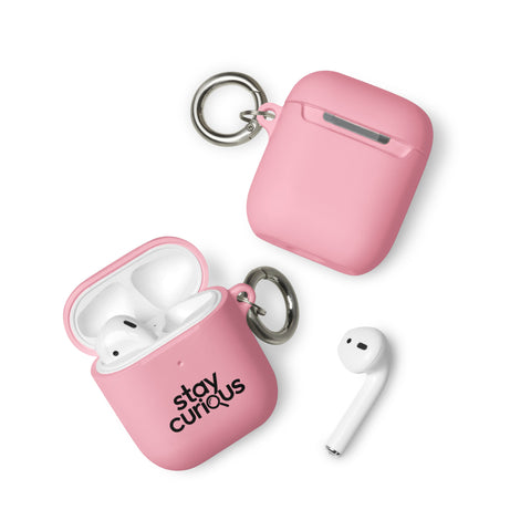 pink protective AirPods case, front with original black Stay Curious magnifying-glass lettering – ZIPZAPPA