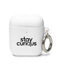 white protective AirPods case, front with original black Stay Curious magnifying-glass lettering – ZIPZAPPA