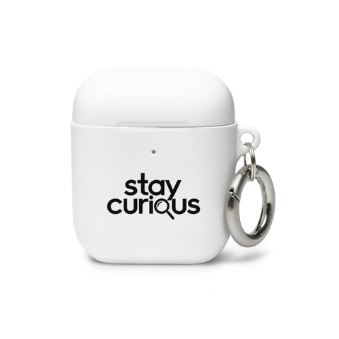 white protective AirPods case, front with original black Stay Curious magnifying-glass lettering – ZIPZAPPA