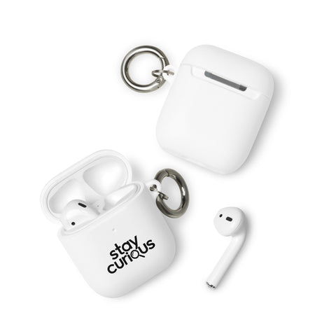 white protective AirPods case, front with original black Stay Curious magnifying-glass lettering – ZIPZAPPA