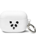 White Ink Splatter Panda rubber case for original AirPods Pro, with one black panda front print and silver metal carabiner.