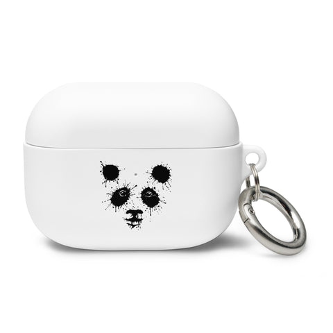 White Ink Splatter Panda rubber case for original AirPods Pro, with one black panda front print and silver metal carabiner.