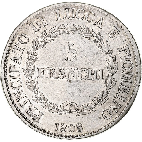 1808/7 5 Franchi Italian States Coin Felix and Elisa Silver Firenze