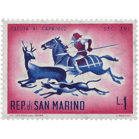 San Marino Stamp 1961 1 Sammarinese Lira Deer Hunting, XVI Century