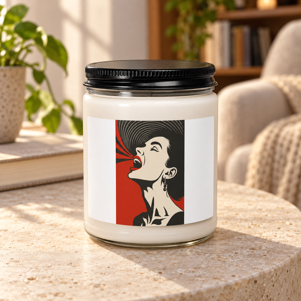 Glass soy candle with a black lid and Scarlet Voice retro portrait label on a stone table in a sunlit living room.