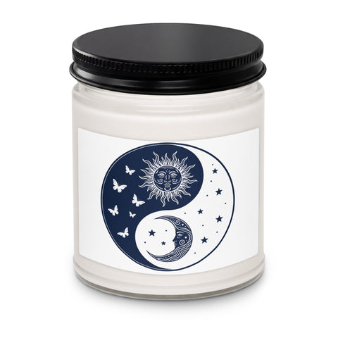 Celestial Balance sun-and-moon yin-yang emblem on a 9 oz glass-jar soy candle – Christmas Warmth – front mockup 2 – ZIPZAPPA