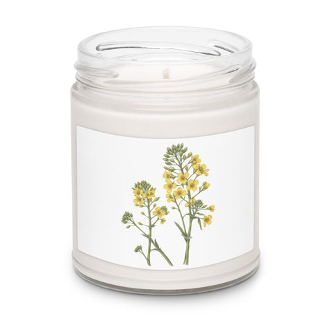 Glass jar soy candle with original delicate yellow wildflowers and green stems on its front label – ZIPZAPPA