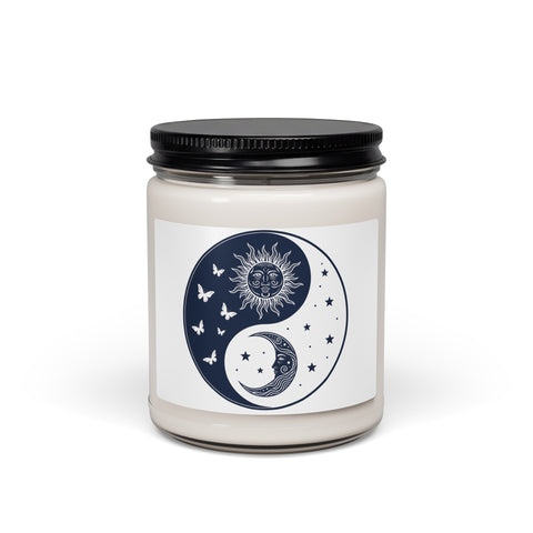 Celestial Balance sun-and-moon yin-yang emblem on a 9 oz glass-jar soy candle – Clean Cotton – front mockup 1 – ZIPZAPPA