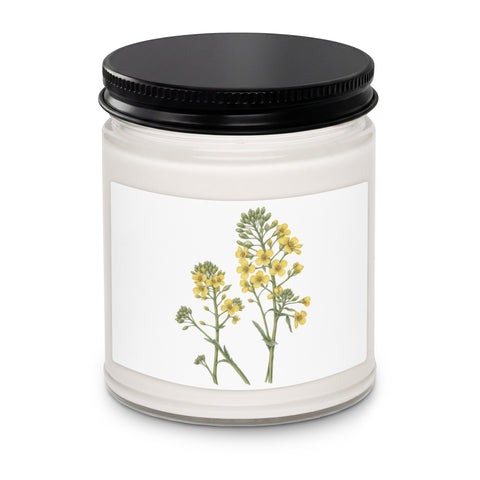 Glass jar soy candle with original delicate yellow wildflowers and green stems on its front label – ZIPZAPPA
