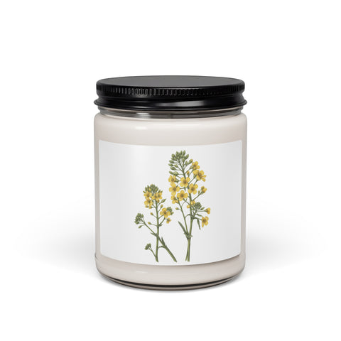 Glass jar soy candle with original delicate yellow wildflowers and green stems on its front label – ZIPZAPPA