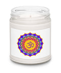 Psychedelic Om lotus mandala White Sage and Lavender soy candle in glass jar with black lid – view 3