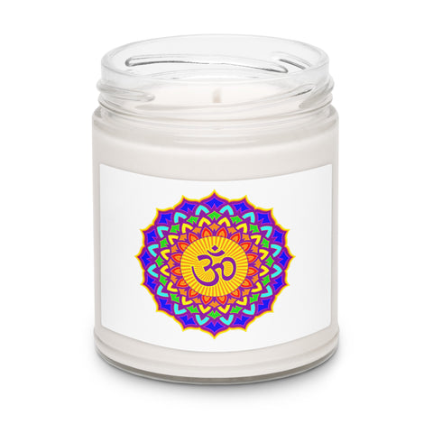 Psychedelic Om lotus mandala White Sage and Lavender soy candle in glass jar with black lid – view 3