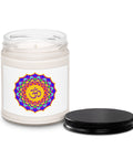 Psychedelic Om lotus mandala White Sage and Lavender soy candle in glass jar with black lid – view 5
