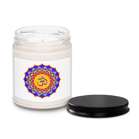 Psychedelic Om lotus mandala White Sage and Lavender soy candle in glass jar with black lid – view 5