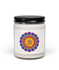 Psychedelic Om lotus mandala White Sage and Lavender soy candle in glass jar with black lid – view 1