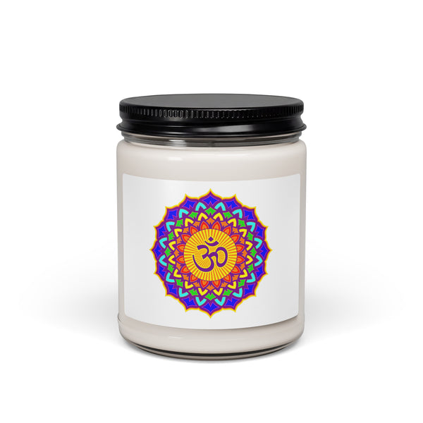 Psychedelic Om lotus mandala White Sage and Lavender soy candle in glass jar with black lid – view 1