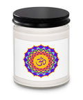 Psychedelic Om lotus mandala White Sage and Lavender soy candle in glass jar with black lid – view 2
