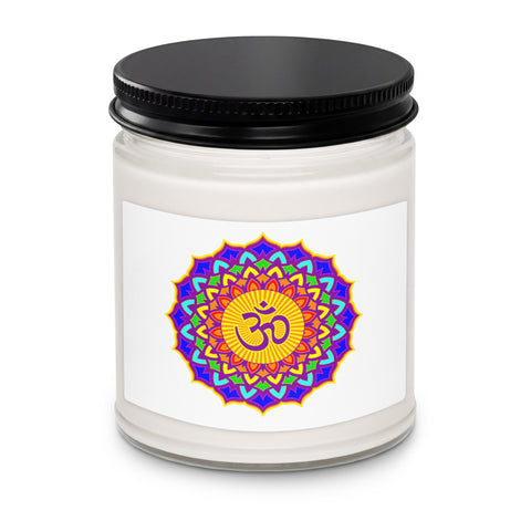 Psychedelic Om lotus mandala White Sage and Lavender soy candle in glass jar with black lid – view 2