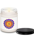 Psychedelic Om lotus mandala White Sage and Lavender soy candle in glass jar with black lid – view 4
