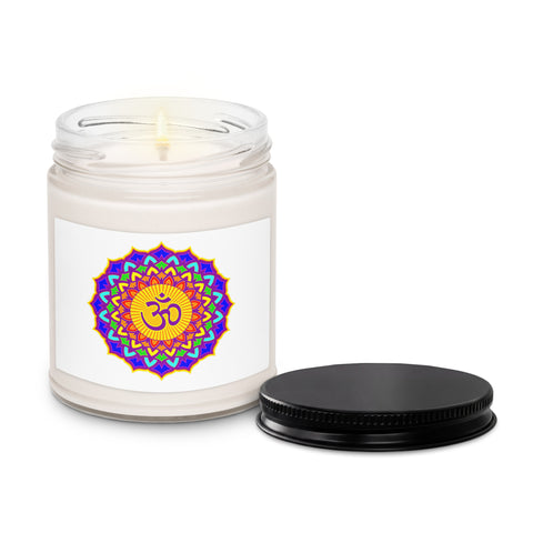 Psychedelic Om lotus mandala White Sage and Lavender soy candle in glass jar with black lid – view 4