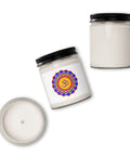 Psychedelic Om lotus mandala White Sage and Lavender soy candle in glass jar with black lid – view 6
