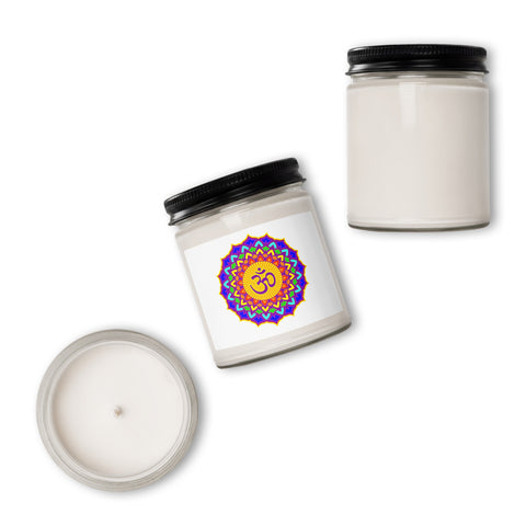 Psychedelic Om lotus mandala White Sage and Lavender soy candle in glass jar with black lid – view 6