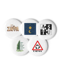 Karma and Contrasts set of five different 2.25 inch pin buttons: KARMA sign, Aš Tu puzzle, forest phrase, sun and moon, ZIPZAPPA – view 2