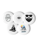 Odd Company set of five different 2.25-inch pin buttons showing penguins, beard with sunglasses, Mona Lisa DJ, radiating eye and Keep Cool face – view 2