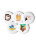 Little Moments set of five distinct 2.25-inch pin buttons with holiday cat, Myliu tave cat, umbrella horn, Spindėk flower smile and cat with mouse – view 2