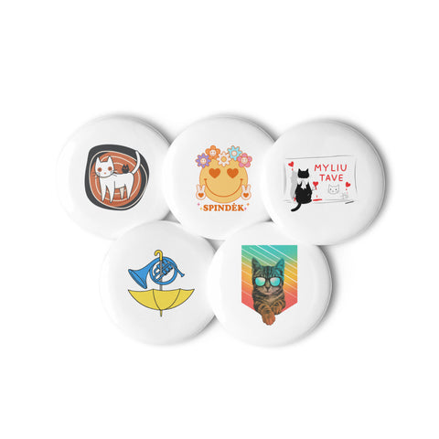 Little Moments set of five distinct 2.25-inch pin buttons with holiday cat, Myliu tave cat, umbrella horn, Spindėk flower smile and cat with mouse – view 2