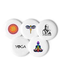 Quiet Mind set of five different 2.25-inch pin buttons with chakra meditation, Peace monk, YOGA, wisdom eyes and Om mandala – view 2