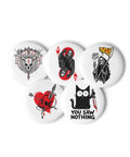 Darkly Playful set of five different 2.25-inch pin buttons with cat, pizza reaper, skull heart, ghostly ace and antlered skull – view 2