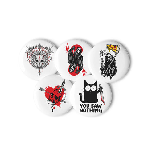 Darkly Playful set of five different 2.25-inch pin buttons with cat, pizza reaper, skull heart, ghostly ace and antlered skull – view 2