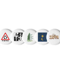 Karma and Contrasts set of five different 2.25 inch pin buttons: KARMA sign, Aš Tu puzzle, forest phrase, sun and moon, ZIPZAPPA – view 1