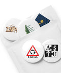 Karma and Contrasts set of five different 2.25 inch pin buttons: KARMA sign, Aš Tu puzzle, forest phrase, sun and moon, ZIPZAPPA – view 4