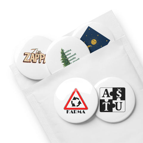 Karma and Contrasts set of five different 2.25 inch pin buttons: KARMA sign, Aš Tu puzzle, forest phrase, sun and moon, ZIPZAPPA – view 4