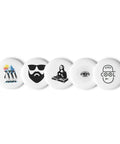 Odd Company set of five different 2.25-inch pin buttons showing penguins, beard with sunglasses, Mona Lisa DJ, radiating eye and Keep Cool face – view 1